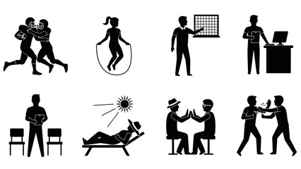 Set of icons representing diverse activities and professions including sports, education, and relaxation