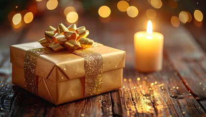 Golden gift box with a sparkly bow and a burning candle on a wooden surface