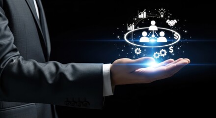 Businessman presenting glowing digital interface with human network structure, growth charts, financial symbols, for teamwork strategy, corporate success, digital management solutions