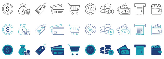 Modern pricing and payment line icons set. Money, discounts, cart, wallet and checkout symbols.