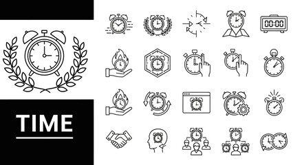 Fototapeta premium Sleek vector line icons illustrating time management, productivity, scheduling, and deadline concepts, with clocks and stopwatches for modern digital designs