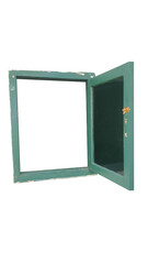 An open green wooden window frame with glass panels, isolated on a transparent background. Ideal for architectural mockups, vintage home designs, renovation concepts, and rustic visual projects.