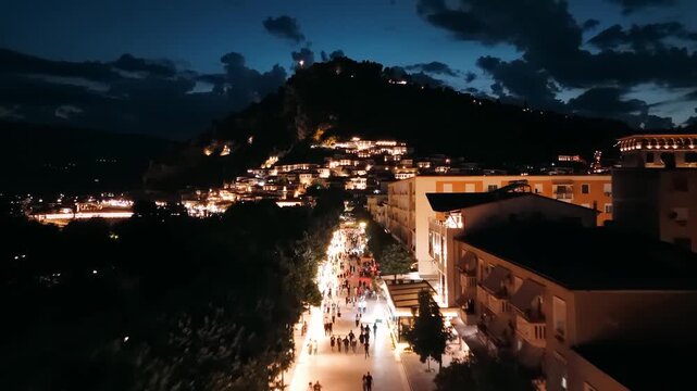 Beautiful establishing shot of ancient houses on hillside in Berat, Albania.