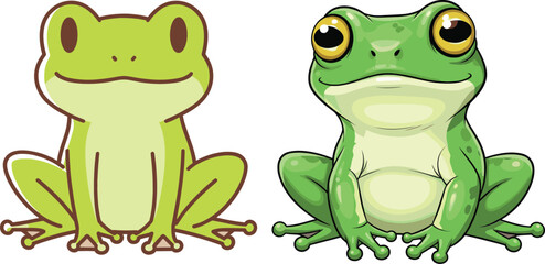 Cute and Realistic Frog Characters Comparison Showing Flat Cartoon and Detailed Amphibian Vector Illustration