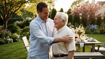 Affectionate son embracing his elderly father in a warm garden with a dining table prepared for a meal - Powered by Adobe