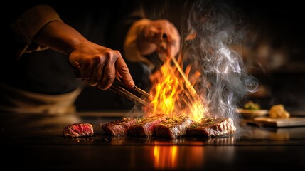 Teppanyaki chef grilling wagyu steak on an iron griddle with flames and dramatic lighting high detail