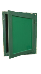 A green wooden window frame covered in glass, isolated on a transparent background. Ideal for architectural mockups, vintage home designs, renovation concepts, and rustic visual projects.