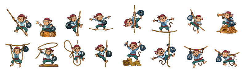 Funny Pirate Monkey Mascot Engaging in Nautical Activities