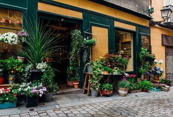 Old street with flower shop in Madrid, Spain. Architecture and landmark of Madrid, postcard of Madrid.