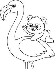 Cute Baby Panda Riding Flamingo Line Art Illustration for Coloring Book Kids Animal Outline Vector Design