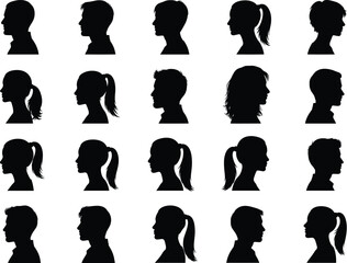 Human, head, profile, silhouette, black, grid, people, hairstyle, diversity, side view, icon, minimal, face, shape, identity, variation, abstract, design, isolated, graphic