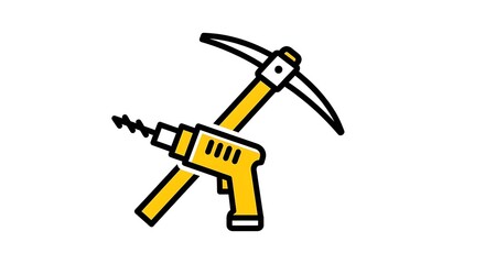 Crossed Pickaxe and Drill Icon Representing Construction and Mining Tools.
