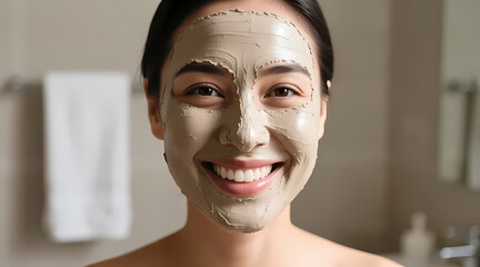 Smiling Woman with Clay Face Mask During Skincare Routine