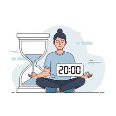 Serene Cartoon Person Meditating with Digital Timer and Hourglass, Illustrating Mindfulness.