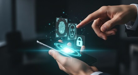 Businessman using smartphone for biometric authentication, touching virtual icons for fingerprint face id, for advanced data security, digital privacy, secure mobile access control
