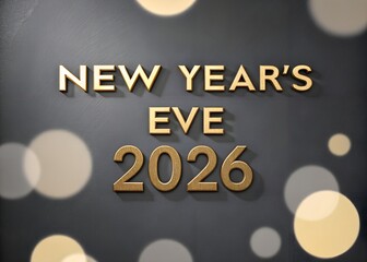 Golden three dimensional text announces new years eve 2026 celebration against a dark background with bokeh
