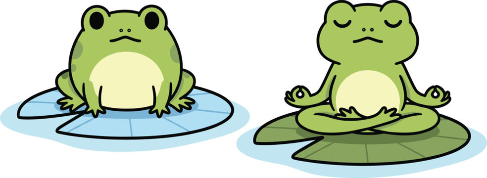 Cute Cartoon Frog Meditating on Lily Pad with Yoga Pose and Calm Relaxation Vector Illustration