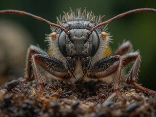A black and orange wasp is visible up close on the soil surface. The wild insect is in its natural outdoor habitat.