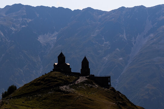 Gergeti Trinity Church on a Mountain Ridge near Stepantsminda, Caucasus Mountains, Georgia