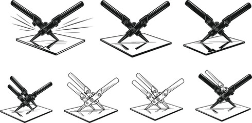 Compass drawing circle step-by-step, geometry tool in motion, technical illustration for education, drafting, math, precision, instructional sequence