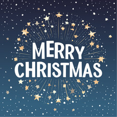Merry christmas text with sparkling starburst and falling stars on a dark blue background