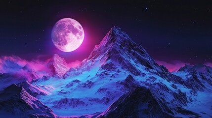 Mystical Mountain Landscape with a Glowing Moon and Vibrant Colors.