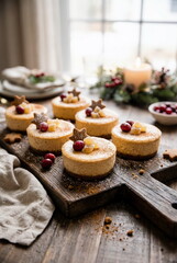Gingerbread spiced mini cheesecakes, creamy texture with gingerbread crust. Small Christmas decorations like cranberries or candied ginger, served on a rustic wooden board,
