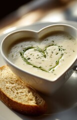 Creamy soup in heart shaped bowl with bread slice