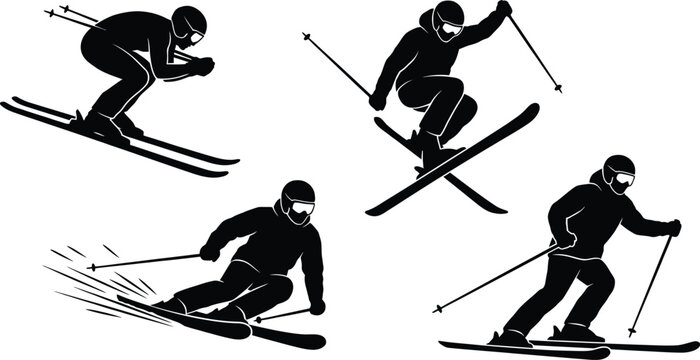 Four silhouettes of skiers in action on a white background