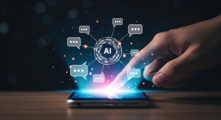 Hand interacting with smartphone screen activating holographic artificial intelligence chatbot network, for automated customer assistance, machine learning, future digital communication