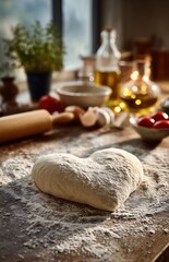 Fototapeta premium Heart shaped pizza dough on floured table in cozy kitchen