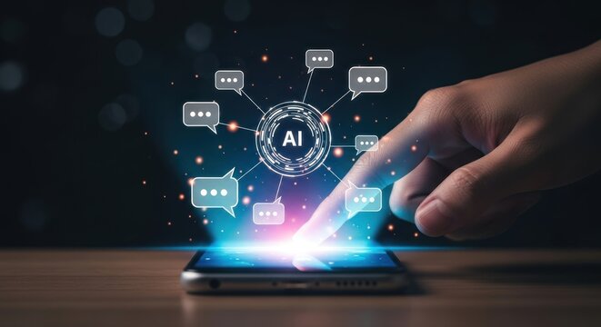 Hand interacting with smartphone screen activating holographic artificial intelligence chatbot network, for automated customer assistance, machine learning, future digital communication - Powered by Adobe