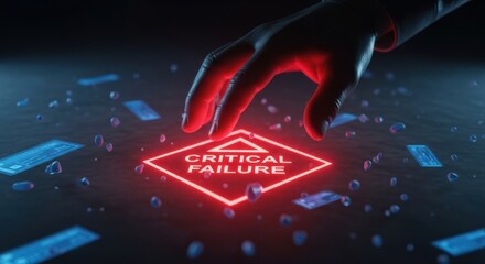 Hand reaching toward glowing red critical failure warning sign on futuristic digital interface, for system breakdown, data security threat, urgent problem solving, high-stakes risk