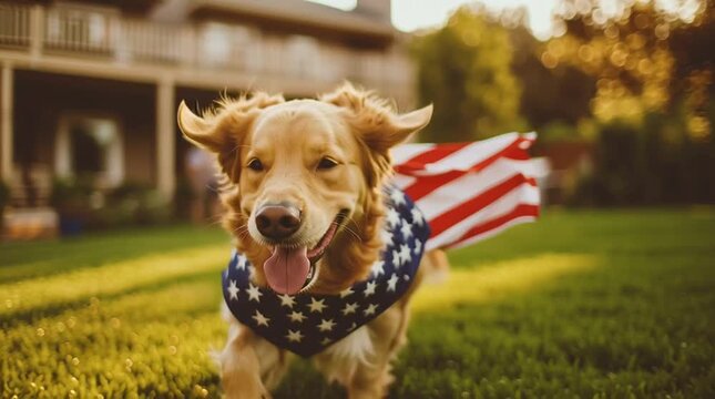 Happy dog running on green grass wearing an American flag scarf in a sunny backyard, celebrating freedom and joy.