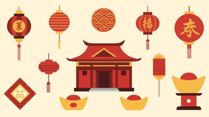 Decorative Asian Lanterns and Temple symbols for festive celebration
