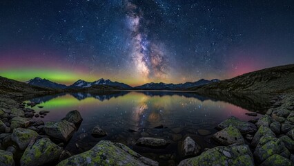 Milky Way galaxy and aurora borealis over a calm lake reflecting the starry night sky a breathtaking natural landscape for astronomy and travel