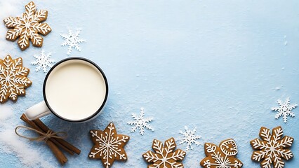 Festive holiday gingerbread cookies with milk and cinnamon sticks on a light blue snowy background