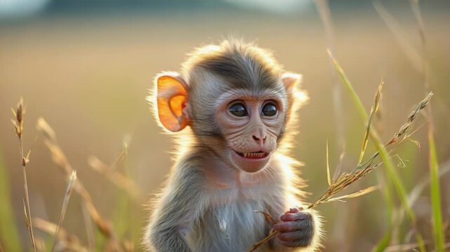 Close up of a baby monkey holding a twig in a field during golden hour lighting outdoors monkey video