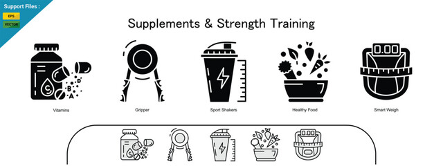 Strength Training Supplements &ndash; Optimized Nutrition and Fitness for Maximum Performance. White, gray, and glyph icons