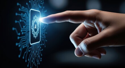 Human finger pressing glowing artificial intelligence (ai) button on futuristic digital circuit board interface, for activation machine learning systems, technological innovation, advanced