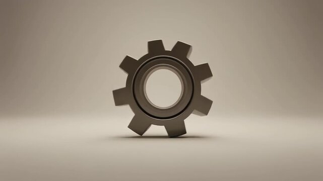 マットなオフホワイト背景に配置された、トランスミッションギアを簡略化したアイコン彫刻の静物イメージです。
ゆっくりと引いていくズームアウト演出により、全体構造と余白を強調します。