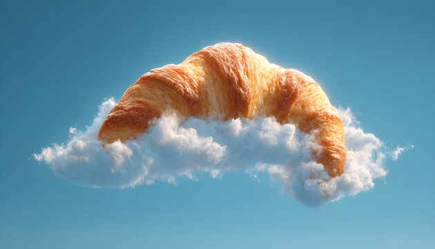 Croissant shaped cloud floating through a bright clear blue sky, presenting a whimsical surreal breakfast or dream concept with creative bakery and fantasy themes