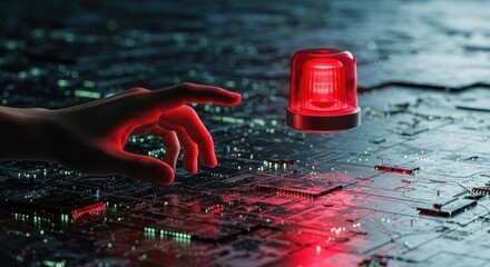 Human hand reaching towards glowing red digital alarm siren on complex dark circuit board, for critical system failure, immediate threat response, urgent cyber security alert