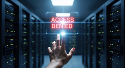 Human hand touching glowing virtual interface with red 'access denied' warning, for critical cybersecurity failure, unauthorized entry, data breach prevention, restricted network access