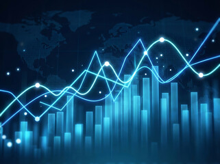 Blue financial stock market data graph with rising and falling trend lines and bar chart