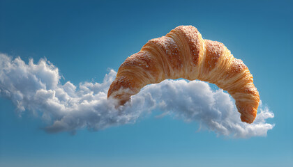 Croissant shaped cloud floating through a bright clear blue sky, presenting a whimsical surreal breakfast or dream concept with creative bakery and fantasy themes