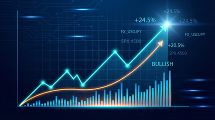 Blue financial stock market graph with bullish trend lines and rising bar chart finance