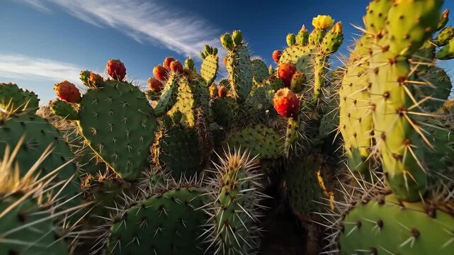 Vibrant cacti with flowers basking under a clear blue sky.