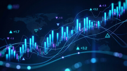 Futuristic glowing blue and purple stock market trading graph with map overlay finance