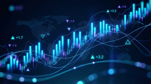 Futuristic glowing blue and purple stock market trading graph with map overlay finance - Powered by Adobe